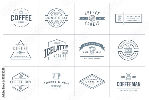 Set of Vector Coffee Logotype Templates and Coffee Accessories Illustration with Incorporated Icons with Fictitious Names