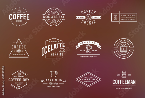 Set of Vector Coffee Logotype Templates and Coffee Accessories Illustration with Incorporated Icons with Fictitious Names