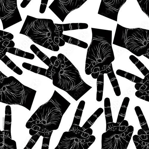 Victory hand signs seamless pattern, vector black and white back