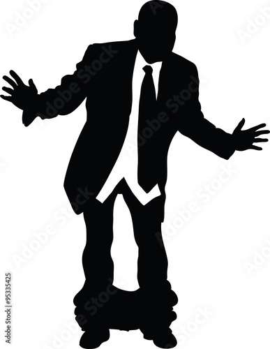 Silhouette illustrations of a businessman in a suit and tie with his pants down to the ground.