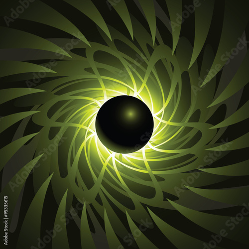 Abstract illustration of a black hole spinning in space.