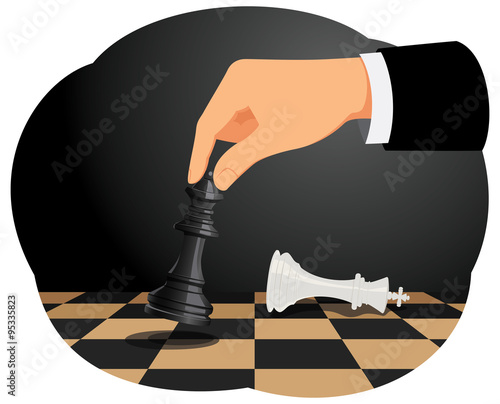 Businessman playing chess game. Checkmate move on king. Business strategy concept.