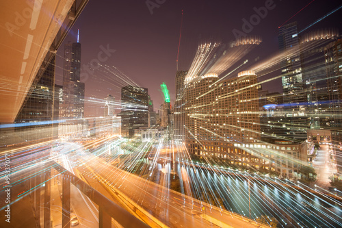 Zoom light streams architecture and cityscapes of  Chicago, Illi photo