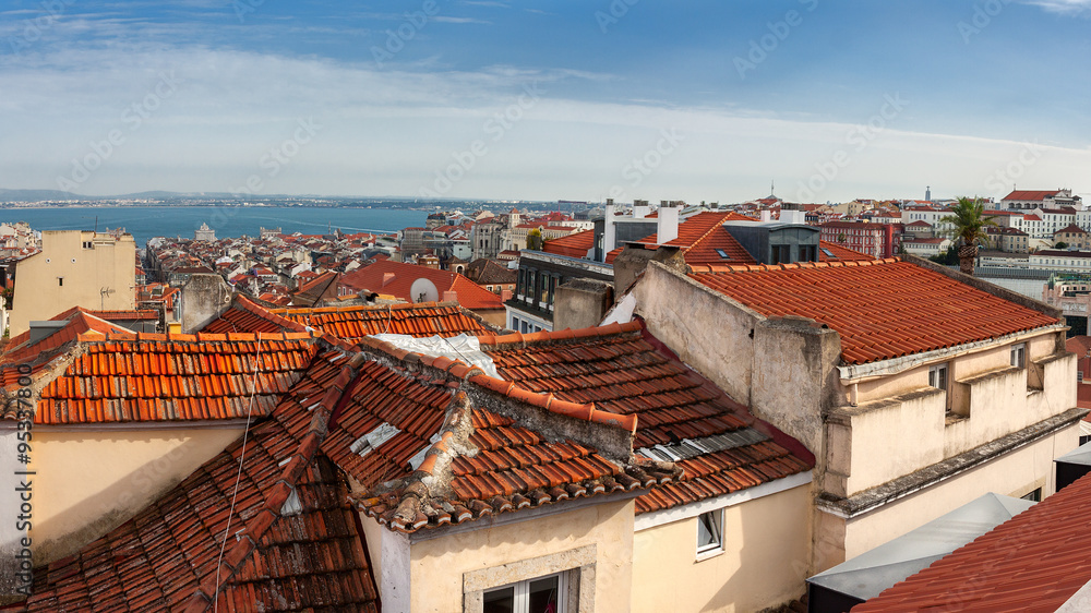 Aerial view of red roofs in Lisbon, Portugal