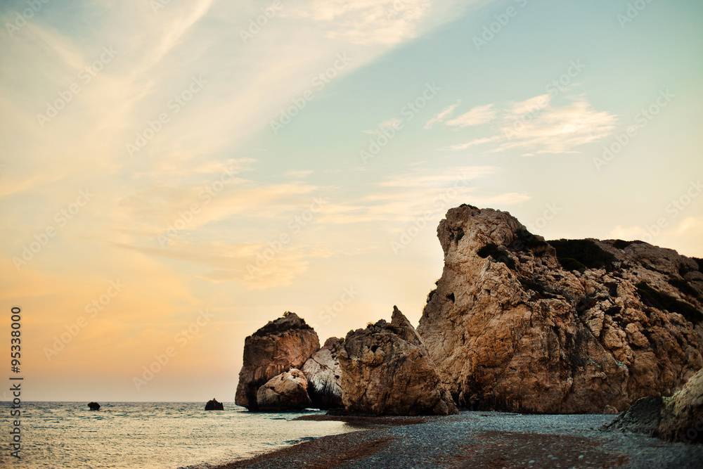 Famous seascape of the Rock of Aphrodite beach at Paphos area