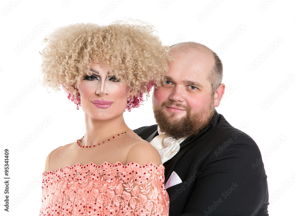 Eccentric Fat Man in a Tuxedo and Beautiful Lady in an Evening D - obrazy, fototapety, plakaty 