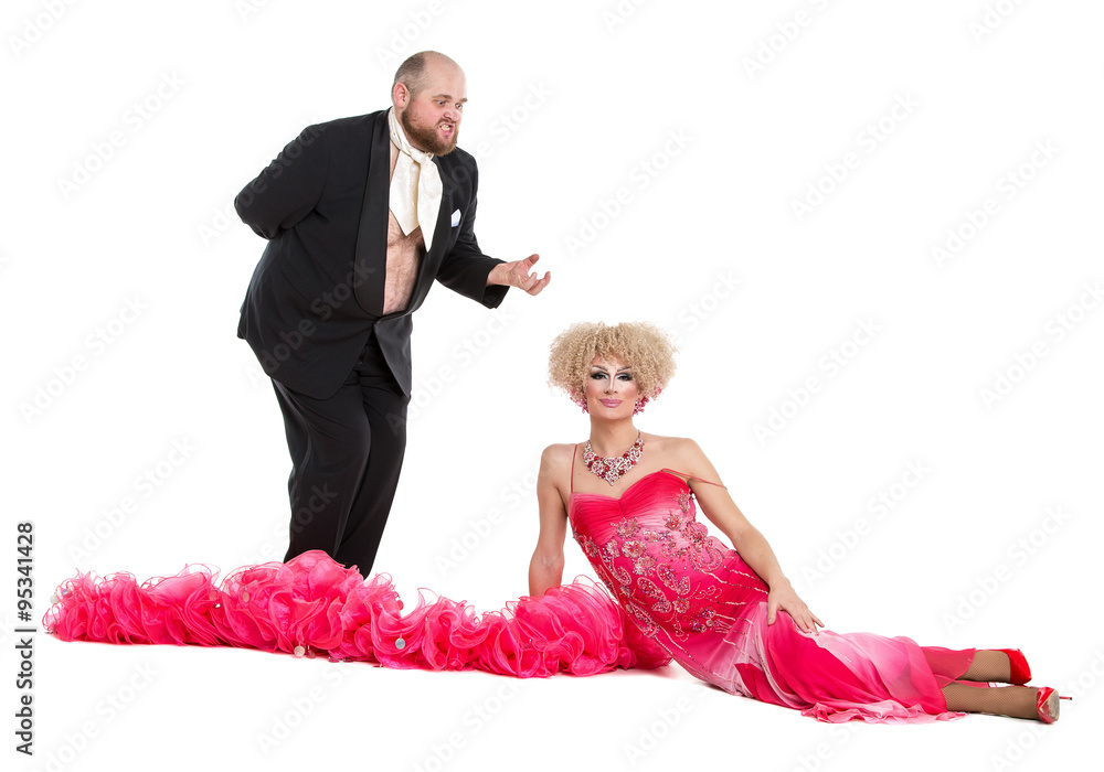 Eccentric Fat Man in a Tuxedo and Beautiful Lady in an Evening D - obrazy, fototapety, plakaty 
