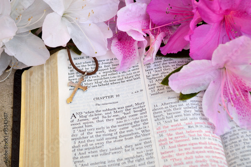 Photography Easter Bible background with azaleas and cross.