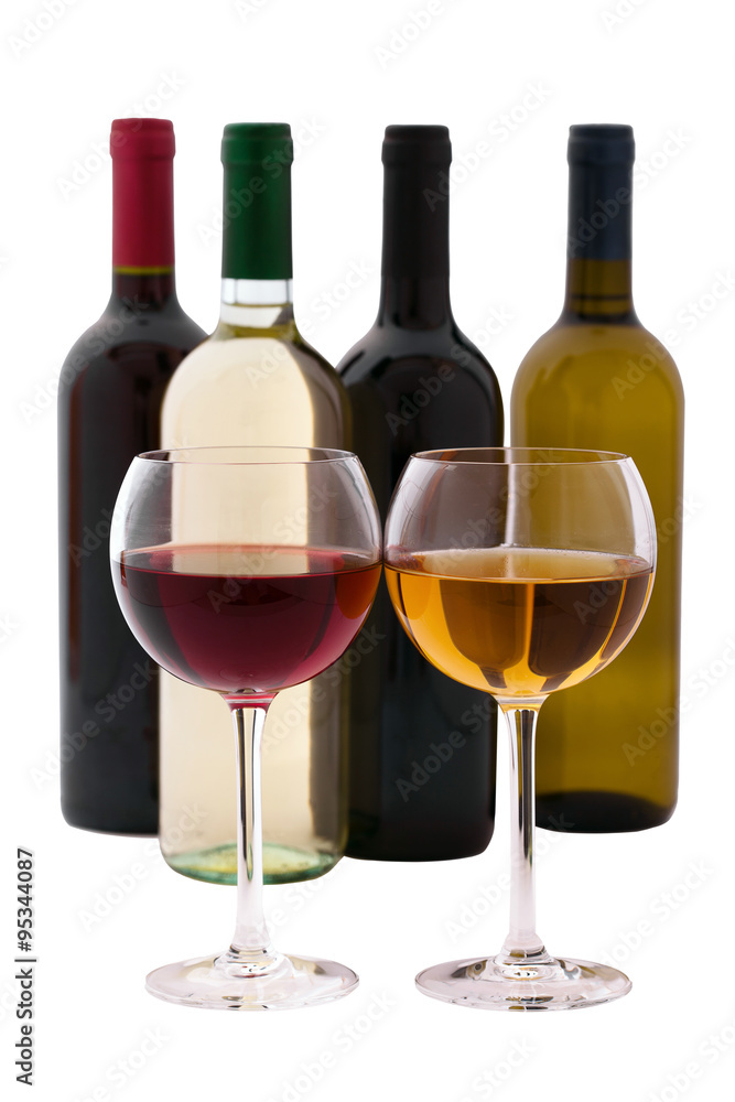 Wine glasses and bottles of wine on white background. Flat mock up for design. Wine glasses and bottles of wine on white background. Flat mock up for design.