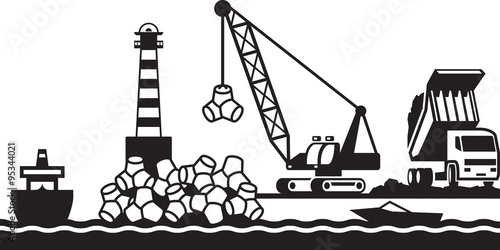 Construction of breakwater of the port - vector illustration