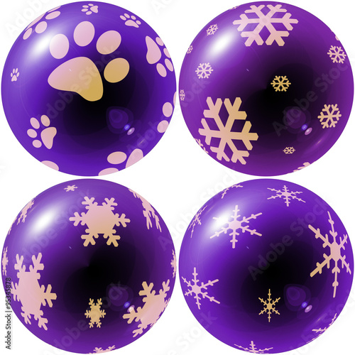 violet christmas balls with snowflake and footprint dog on white background