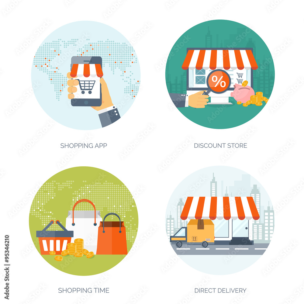Vector illustration. Flat header. Shopping. Web store. Global communication, trading. E-business. Commerce, money making. Internet banking