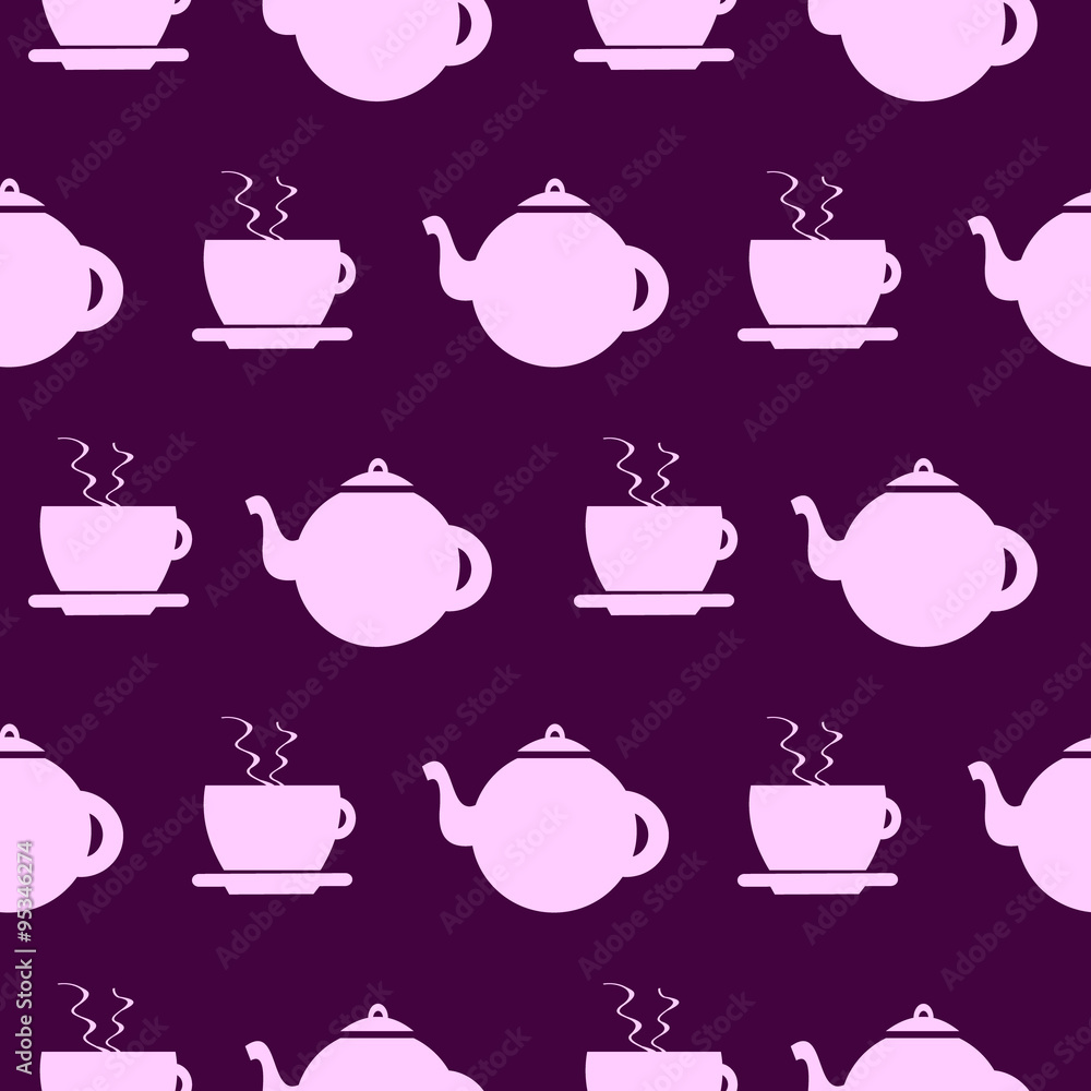 Seamless vector pattern. Background with elements of kettle and cups over violet background Seamless vector pattern. Background with elements of kettle and cups over violet background