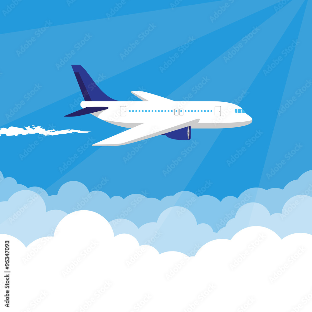 Plane in the Sky vector illustration with place for text on the clouds