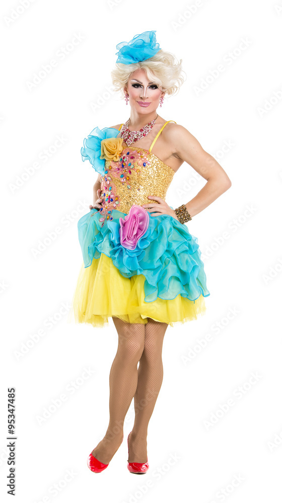 Drag Queen in Yellow-Blue Dress Performing Drag Queen in Yellow-Blue Dress Performing