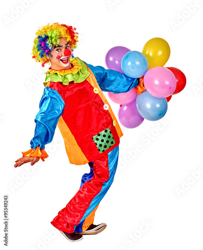 Happy birthday clown playing bunch of balloons. 