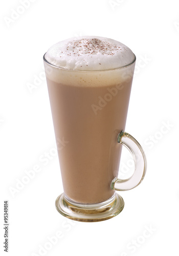 Fototapeta coffee latte with frothy milk and chocolate powder