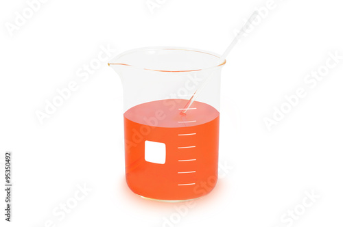 Cylindric Beaker (glassware) with orange reagent isolated on white background