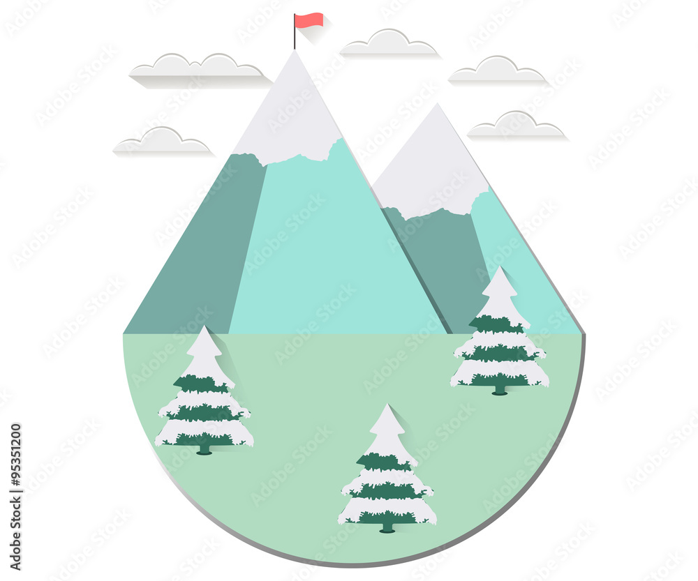 Winter landscape with a flat style. Sun with clouds over the mountain peaks. Snow-covered trees. The flag on top. The long shadow. Vector illustration. Winter landscape with a flat style. Sun with clouds over the mountain peaks. Snow-covered trees. The flag on top. The long shadow. Vector illustration.