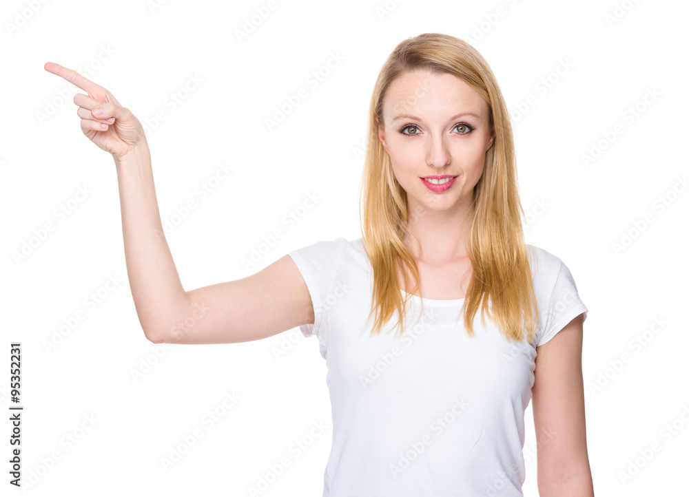 Caucasian woman showing finger point up Caucasian woman showing finger point up