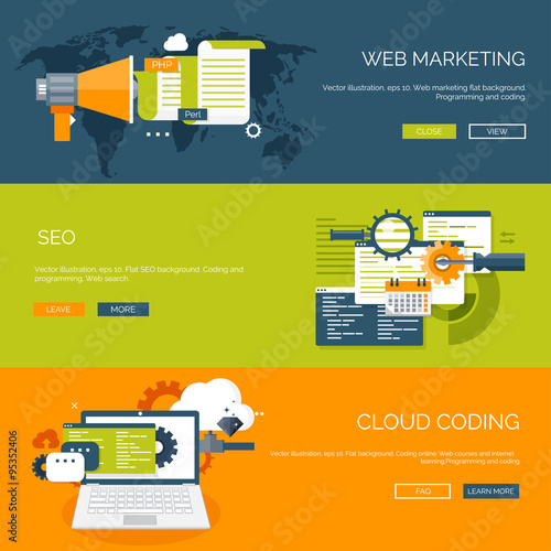 Vector illustration. Flat background. Coding, programming. SEO. Search engine optimization. App development and creation. Software, program code. Web design