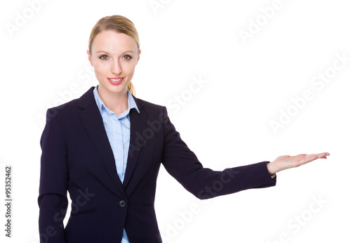 Caucasian Young Businesswoman with hand showing blank sign