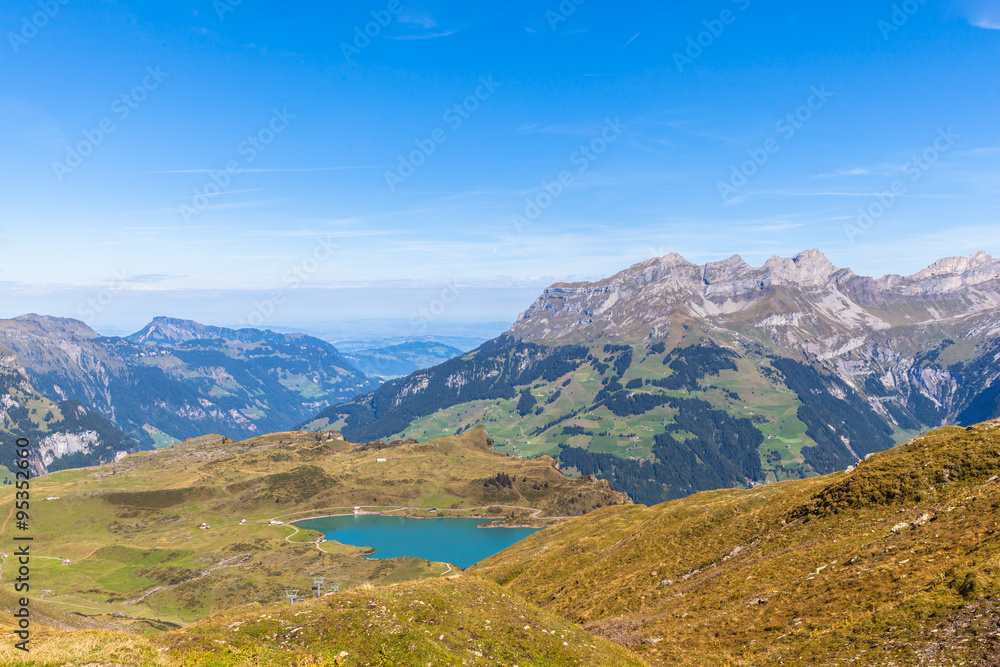Aerial view of Truebsee and the Alps