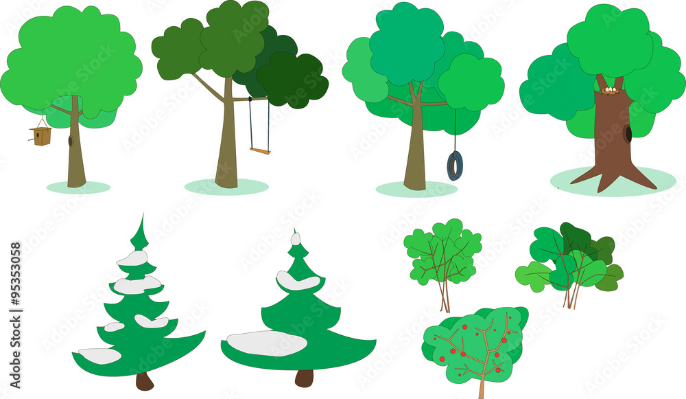 Fototapeta premium Set of trees and bushes for a cartoon or comic strip
