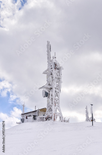 Telecommunications tower on top of a mountain in Florina, Greece, in winter