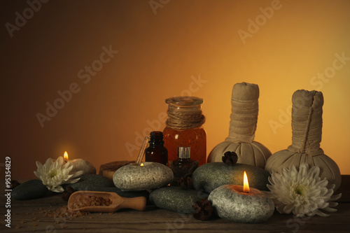 Spa set on wooden table