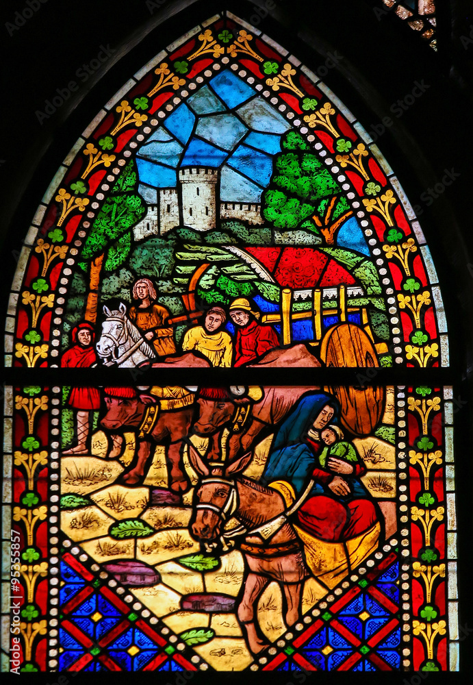 Stained Glass of the flight to Egypt in Cathedral of Leon, Spain
