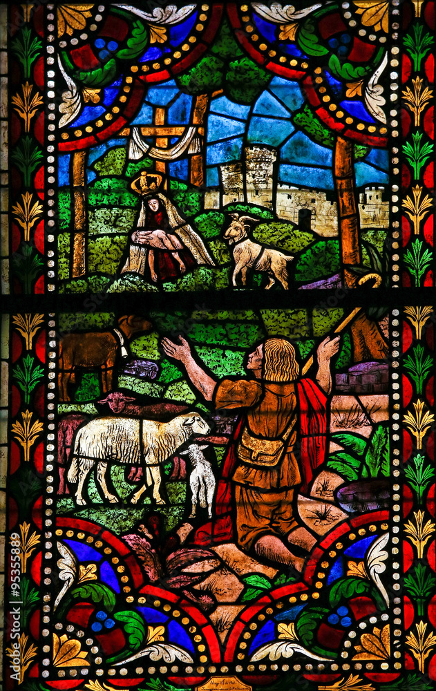Stained Glass of Mother Mary and a Shepherd in Cathedral of Leon