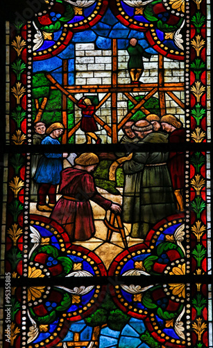 Stained Glass of Construction of a Gothic Cathedral in Leon