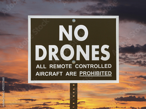 No Drones Sign with Sunset Sky