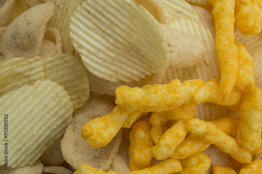 potato chip fat cholesterol salted junk fast food concept Stock Photo