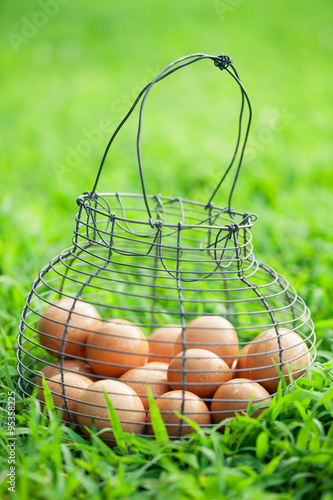 Organic brown eggs in vintage basket