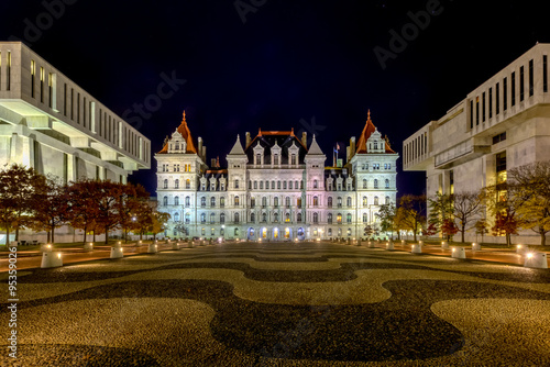 The New York State Capitol Building in Albany, home of the New York State Assembly at night.