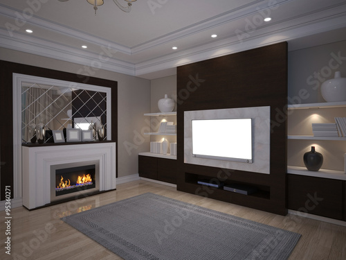 3D illusrtation of TV unit with shelves and fireplace