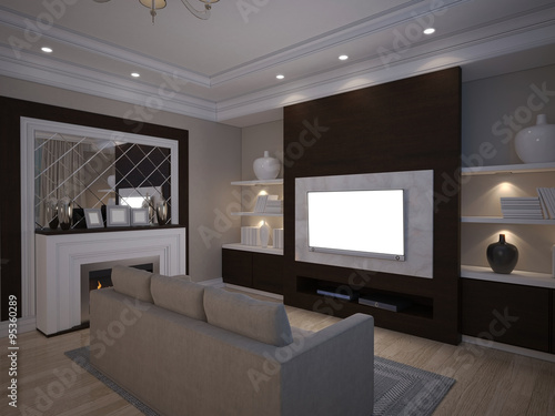 3D illusrtation of TV unit with shelves and fireplace