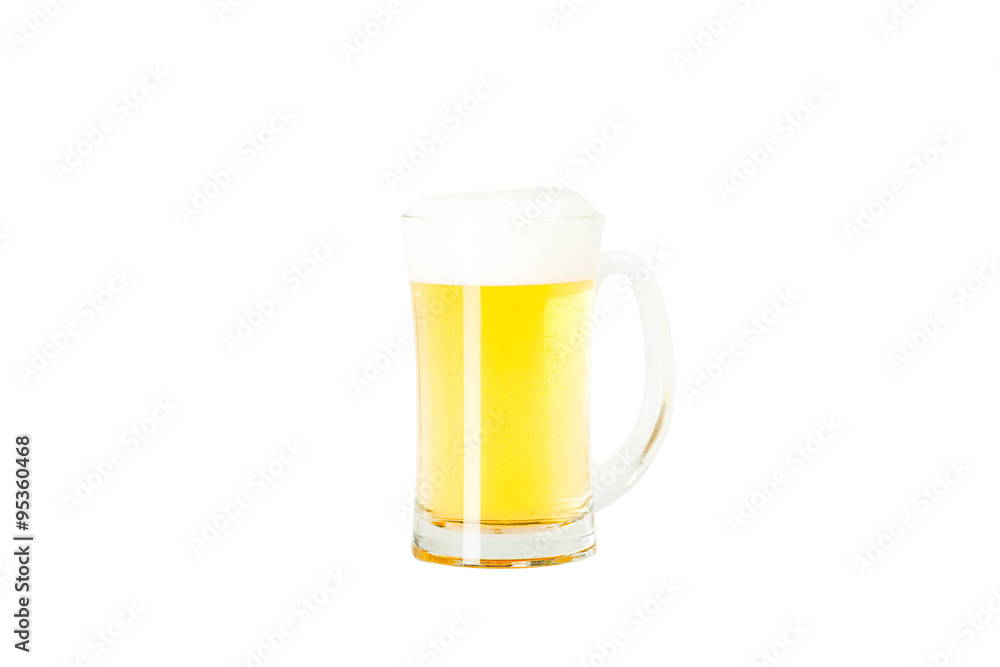 Light beer with a foam in transparent mug isolated on white background studio shot with clipping path Light beer with a foam in transparent mug isolated on white background studio shot with clipping path