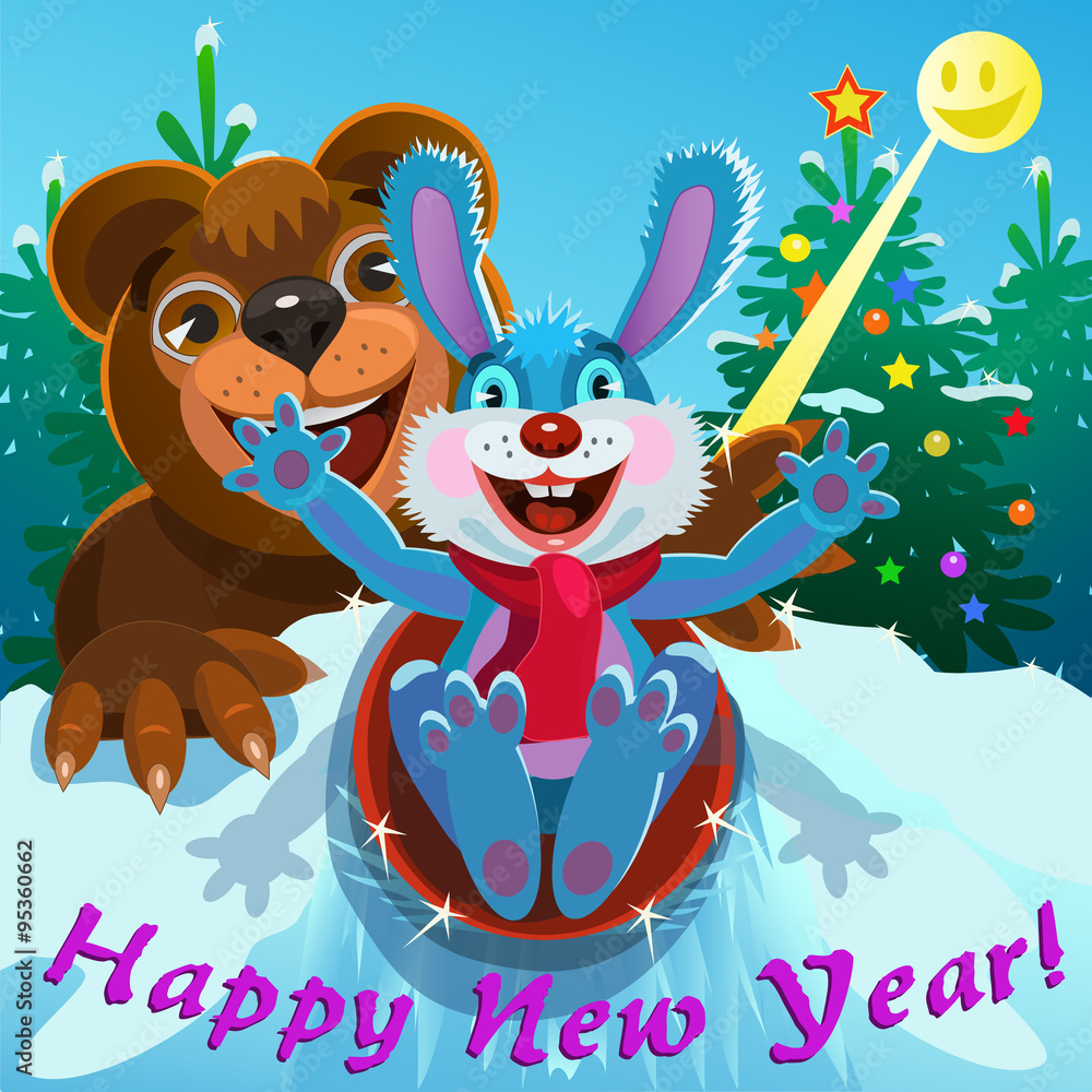Naklejka premium New year in the forest/ Fun animals the hare and the bear, slide down hills during the winter holidays they are funny and joyful