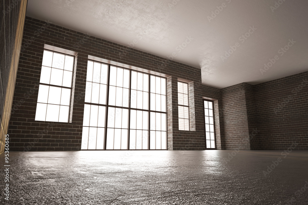 3d illustration of Brick room with large windows 3d illustration of Brick room with large windows
