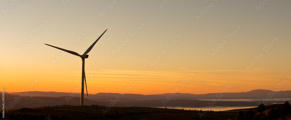 Wind-turbines on the Croatian coast ,  wind turbines at sunset