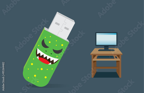USB drive virus front side computer on desk. This illustration meaning to Malware are secretly hidden in the USB drive make problem to computer and data file
