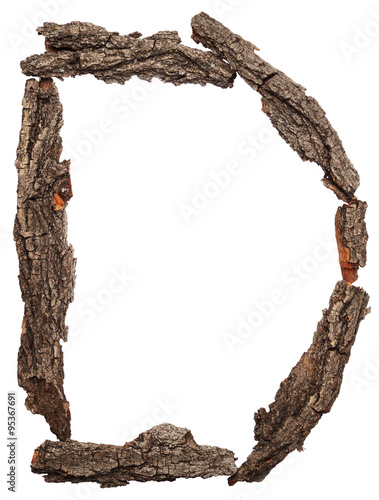 Alphabet from bark tree isolated on white background. Letter D