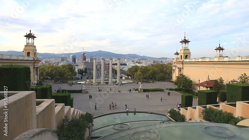 Barcelona - 10 October 2015: View from the top of Barcelona Avenue Reina Maria Cristina Montjuic hill and happy people strolling October 10, 2015 Barcelona, ​​Catalonia, Spain photo