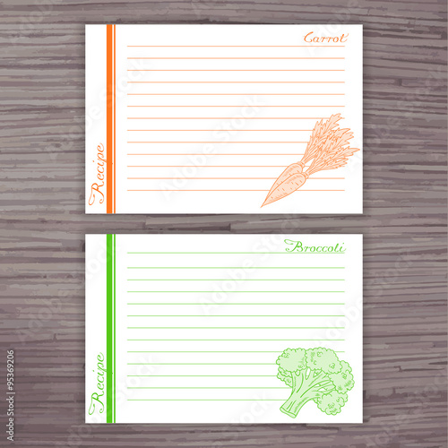 vector lined recipe card with vegetables on wooden background.  Carrot, broccoli