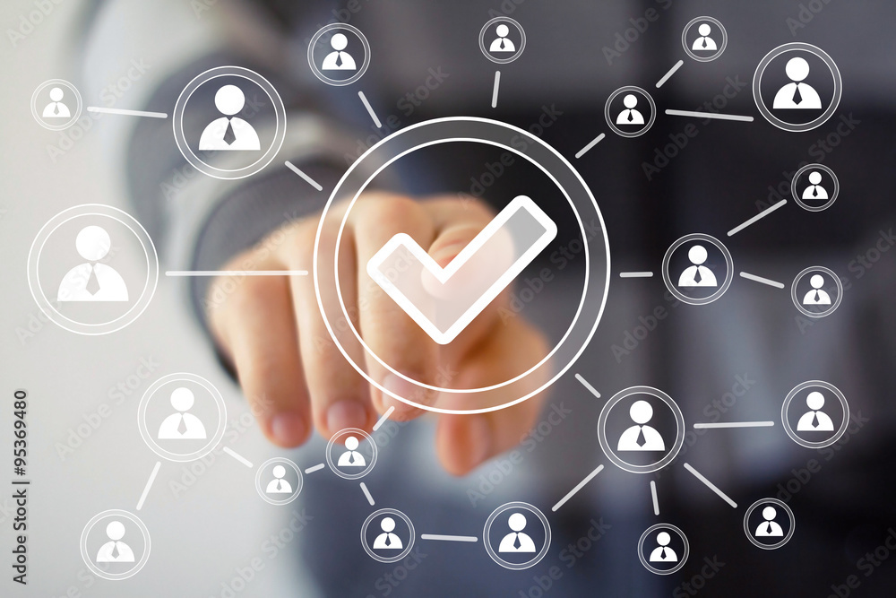 Businessman push virtual icon button Checked mark web Businessman push virtual icon button Checked mark web