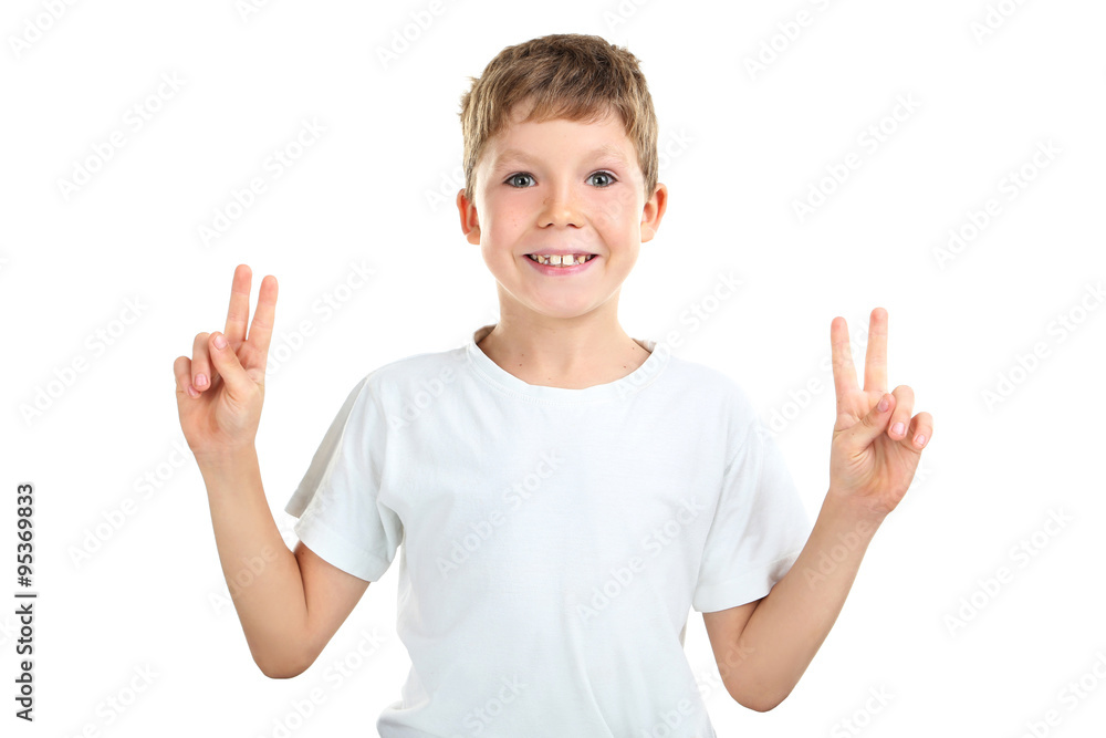 Portrait of happy little boy on white background