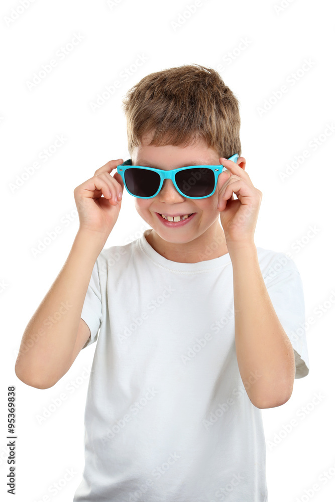 Portrait of happy little boy with sunglasses on white background Portrait of happy little boy with sunglasses on white background